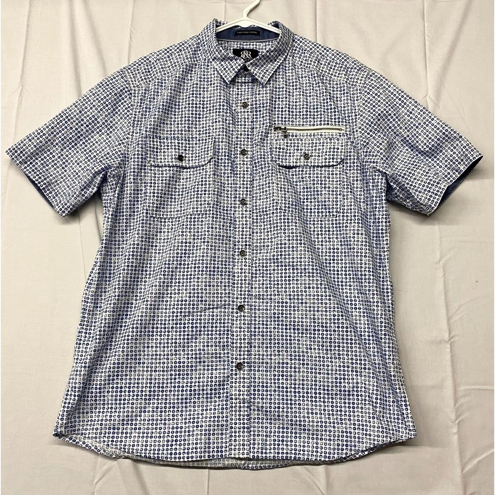 Rock & Republic Short Sleeve Shirt Mens Large Blue White Geometric Print Cotton